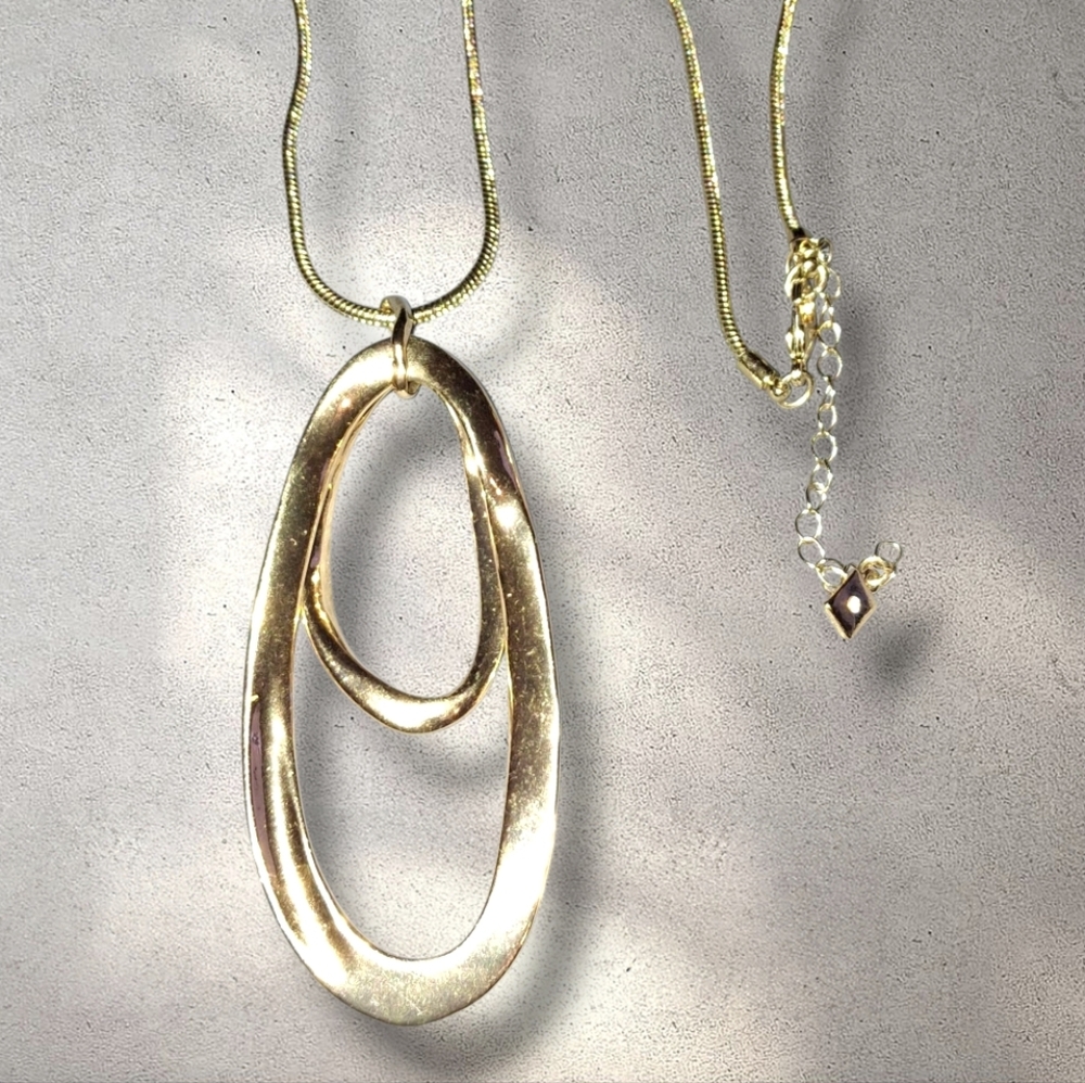 Double Wavy Open Teardrop Signed Goldtone Necklace